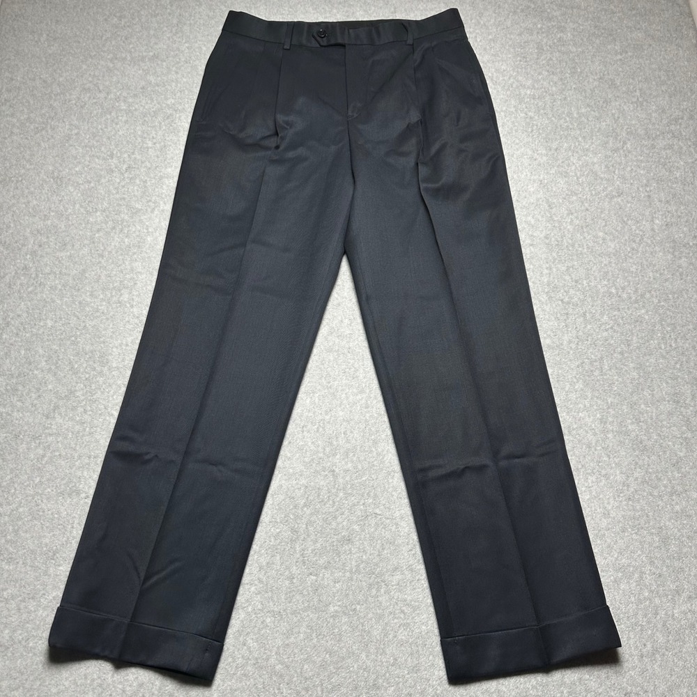 Brooks Brothers Madison Fit Navy Blue 100% Wool Pleated Cuffed Dress Pants 33x30